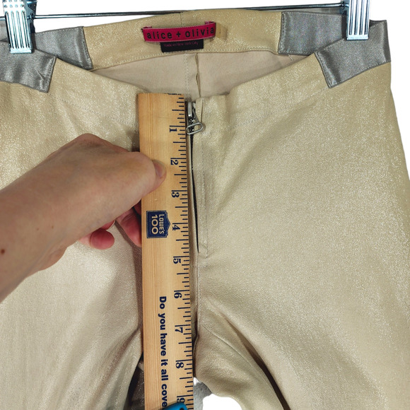 Alice‎ + Olivia Leather Pant 2 Women Cream Gold Metallic Sparkly Skinny Zip USA - Picture 12 of 13